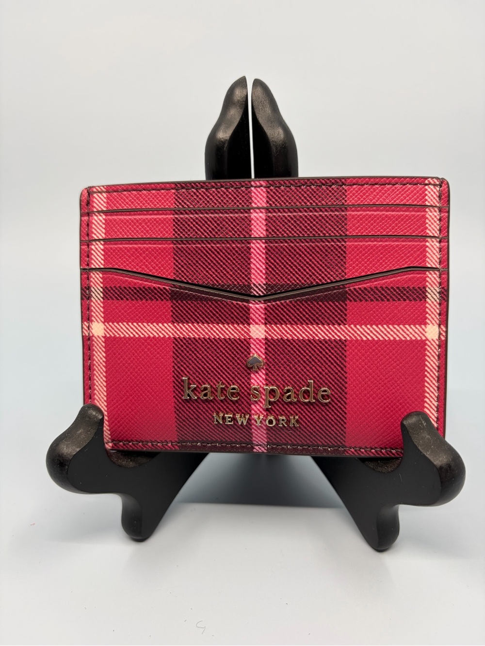 Kate Spade Staci Plaid Small Slim Card Holder Wallet Bright Rose Pink Multi